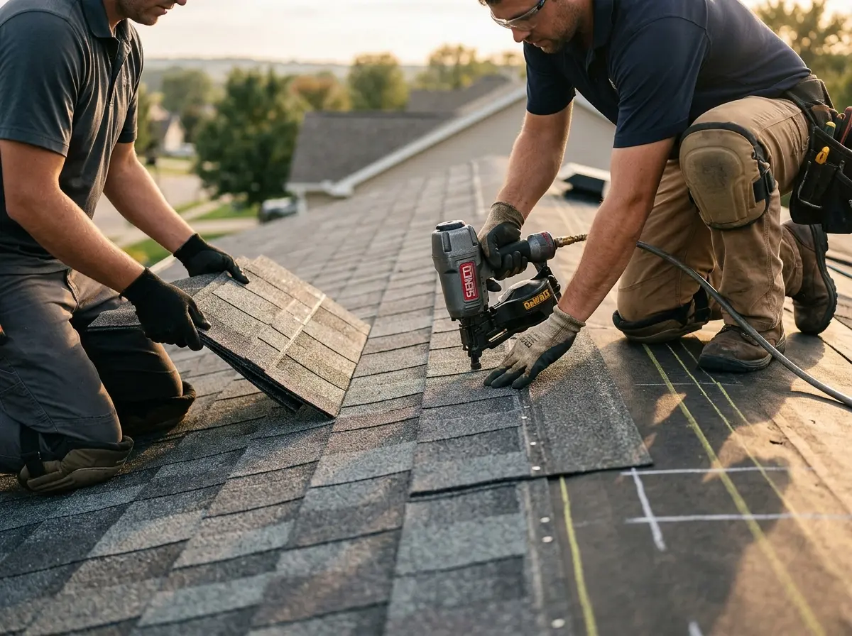 Professional roofer working on a residential roof in Edina